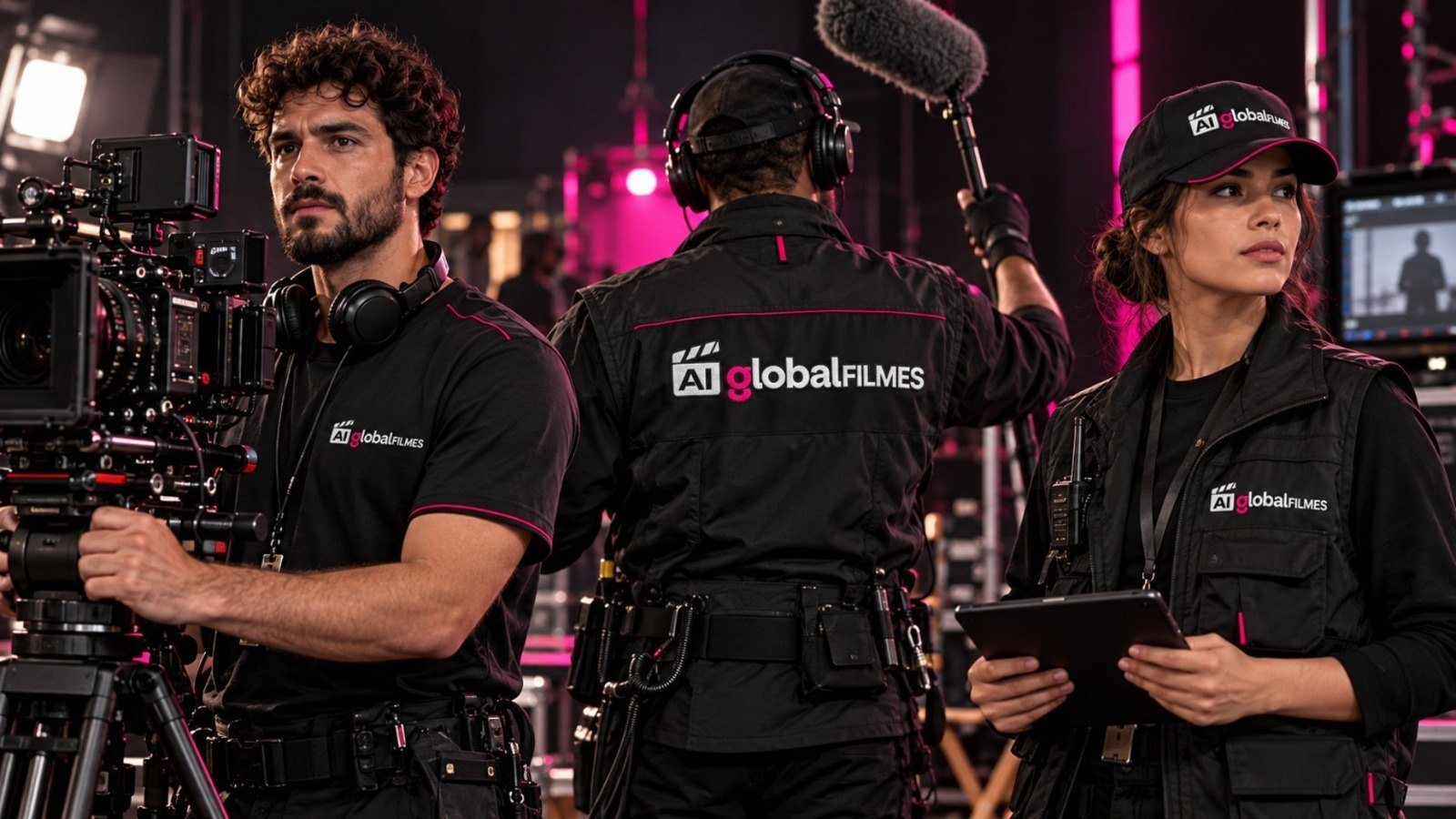 Equipe da AI Global Filmes no set com câmera, boom e tablet