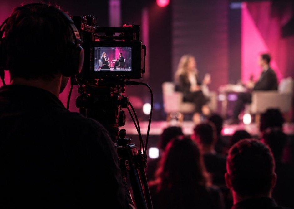 Gravação de entrevista em palco com plateia