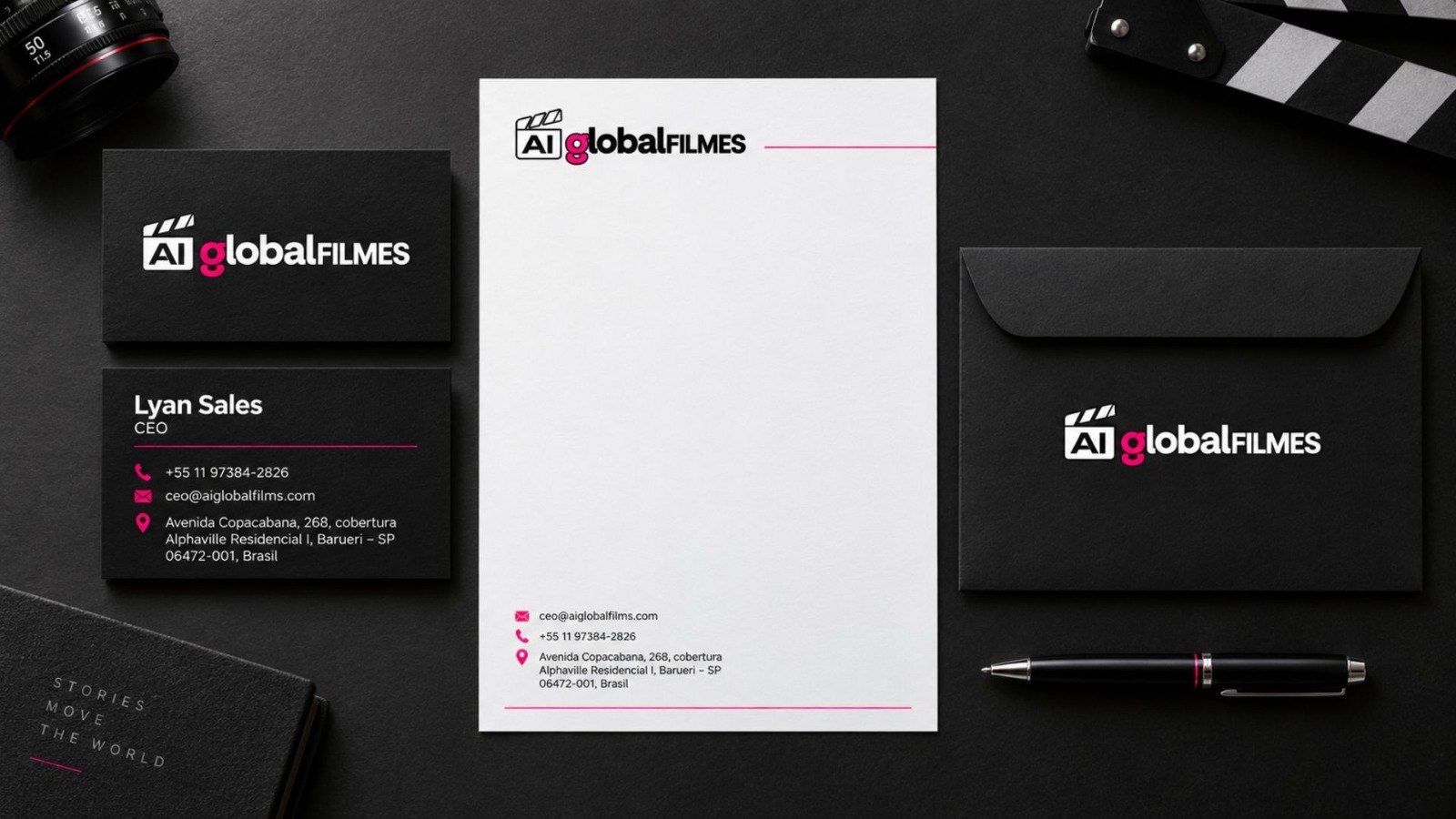 Papelaria da AI Global Filmes: cartões, papel timbrado e envelope