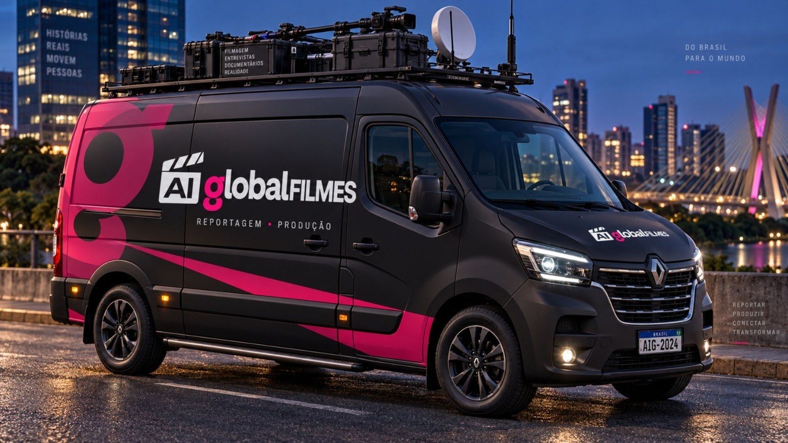 Van de reportagem da AI Global Filmes à noite na ponte estaiada